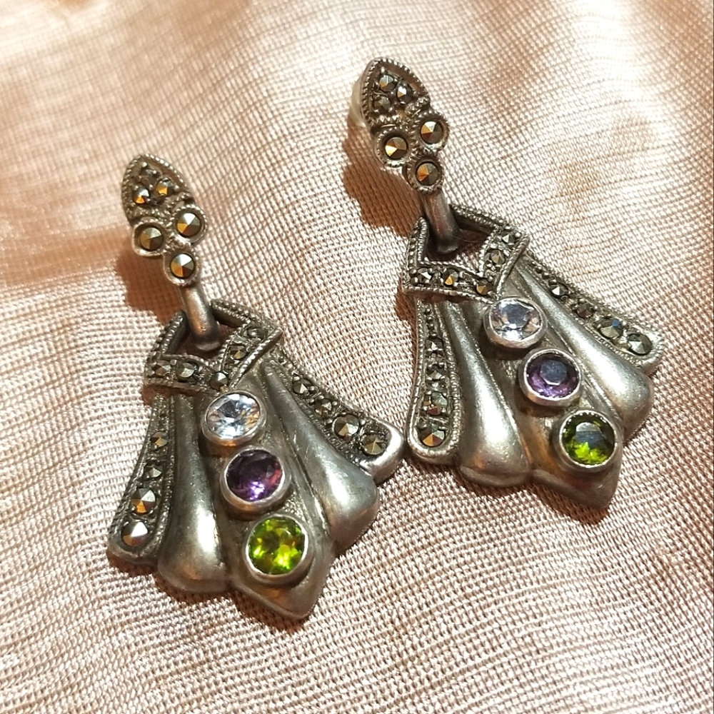 VTG DOOR KNOCKER Multi Gem Marcasite Sterling Earrings - Picture 3 of 7
